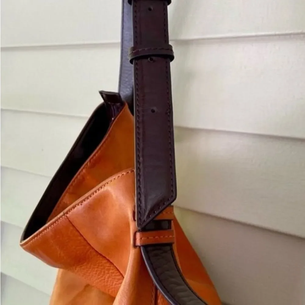 Tignanello Orangish Brown Leather Hobo Bag Purse Dark Brown Accents 13 X 13 In